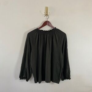 Loft Olive Green Smocked Mock Neck Long Sleeve Shirt Ruffled Cuffs Women's XL